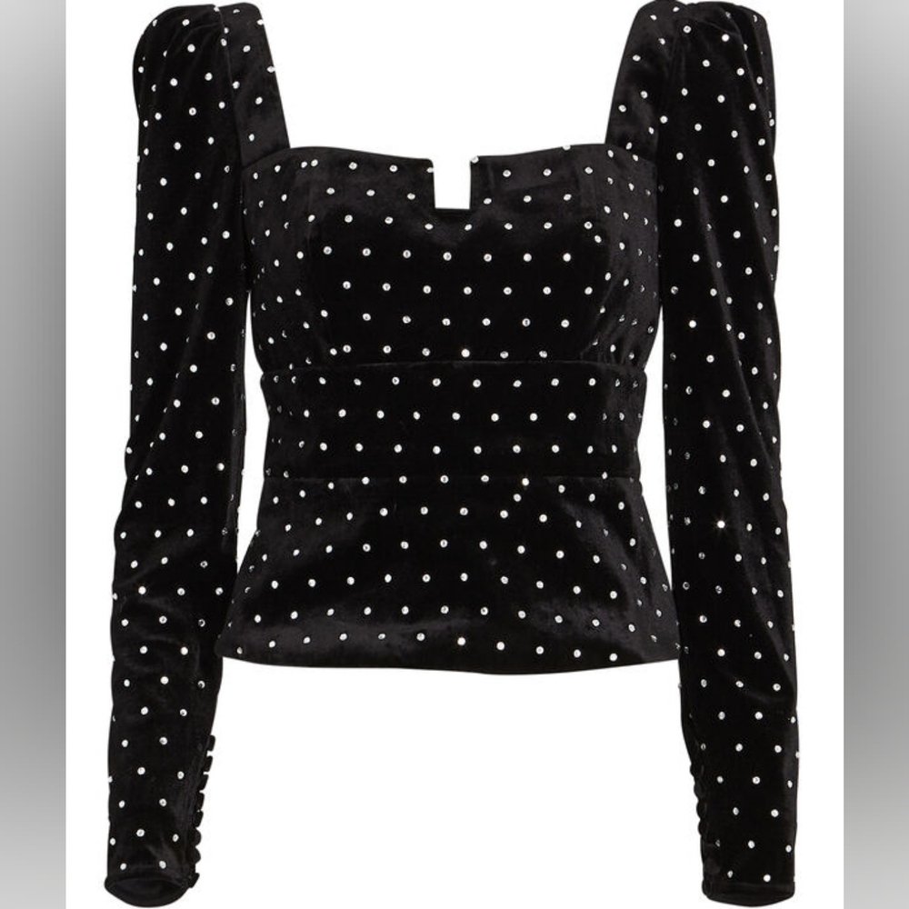 Self-Portrait Diamante Velvet Puff Sleeve Top